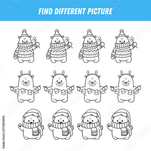 Find different bear in each row. Christmas Logical game for kids. Cartoon tedy bear. Doodle. Vector
