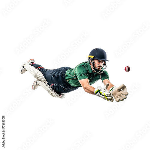 A wicketkeeper in green uniform and helmet dives to catch a cricket ball, showcasing agility and focus. 