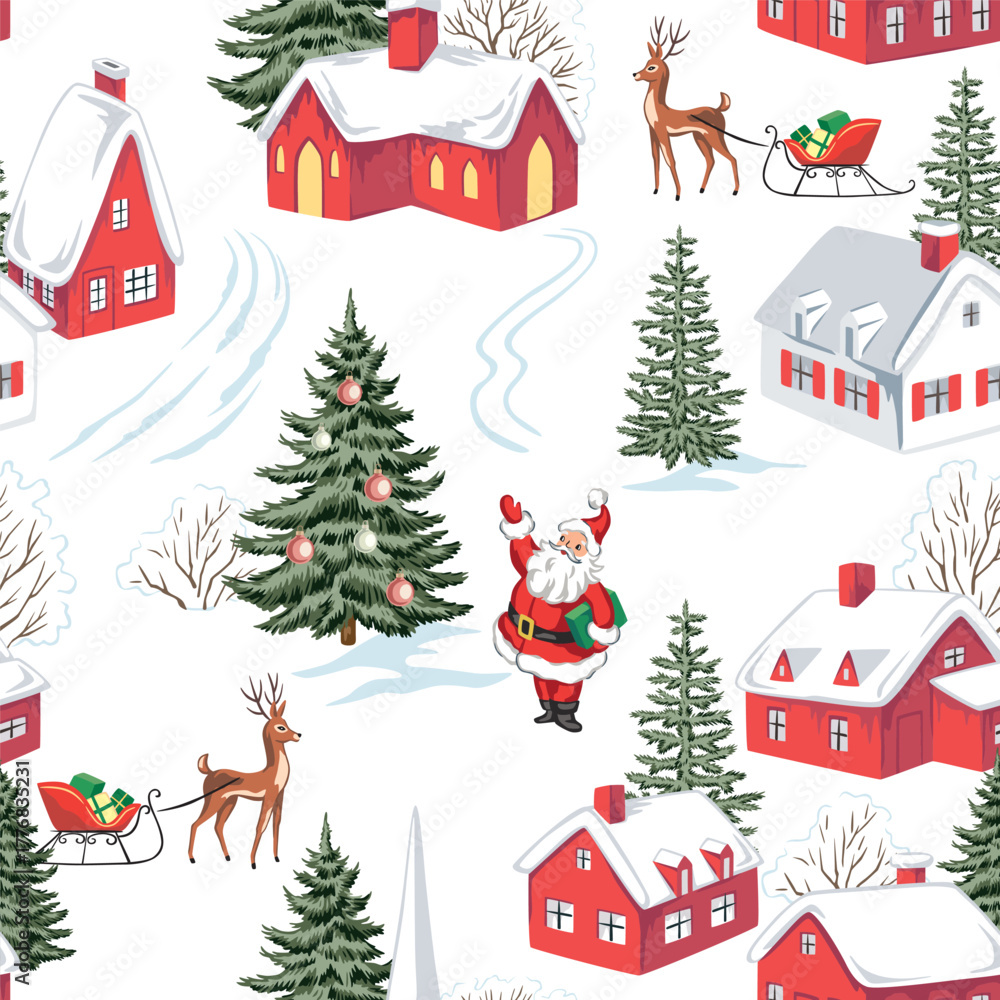 Naklejka premium Christmas landscape, Santa Claus, fir tree, church, house, snow, sleigh, deer, seamless pattern. Winter village holiday wallpaper.