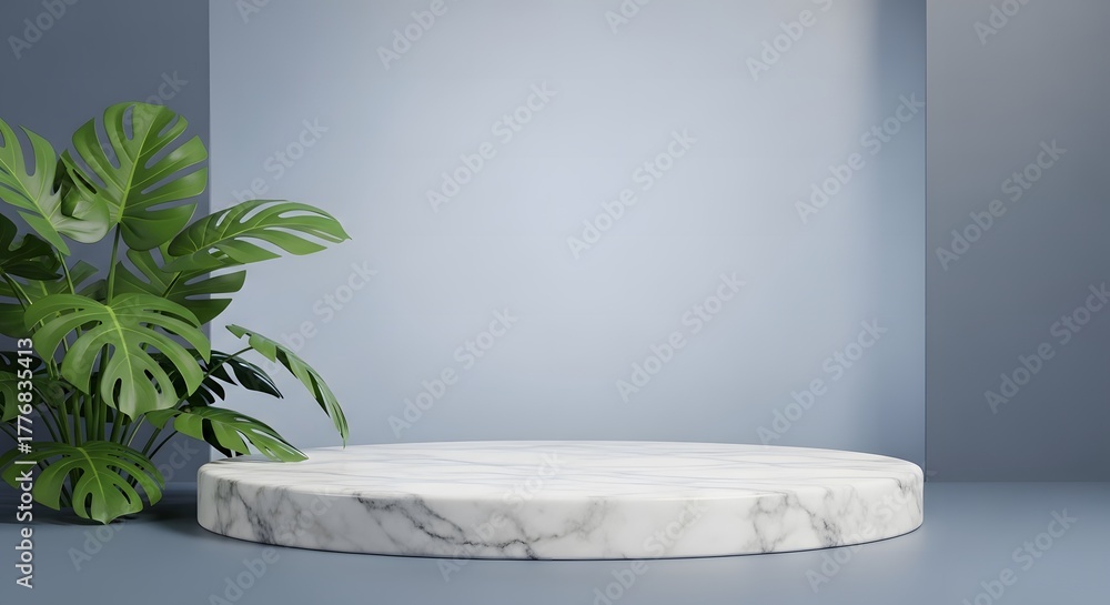 Obraz premium A stunning minimalist red marble podium with a lush green plant on the left side. The red background enhances the beauty of the marble, making it perfect for product displacement. Ideal for showcasing