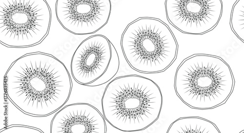 An artistic line drawing illustrates sliced kiwifruit arranged in a repeating pattern against a white background.