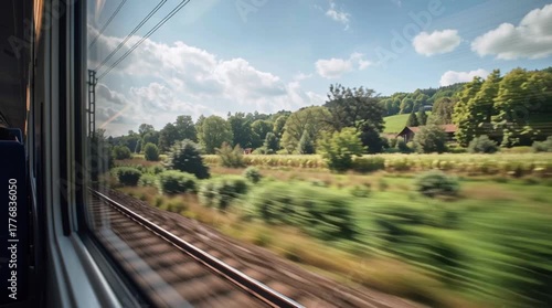 View from a train window showing trees and tracks passing by on a sunny day with some clouds visible