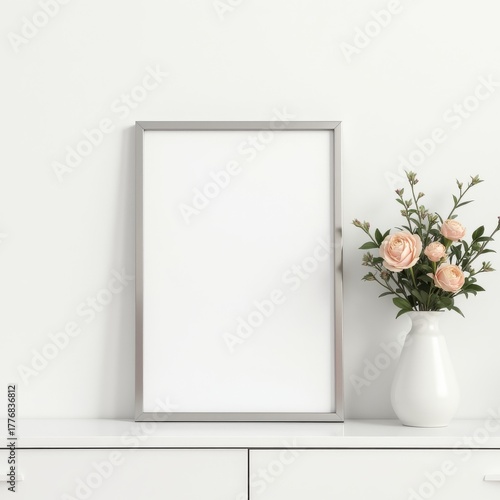 frame on white table with vase of roses close-up