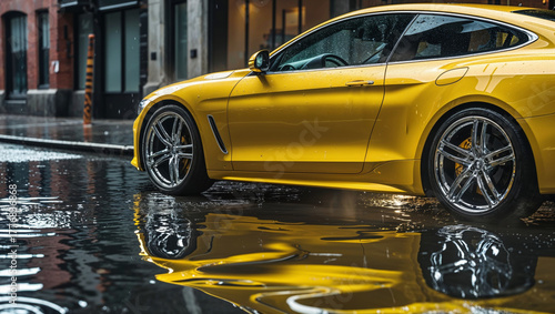 Yellow sports car parked on a wet city street with reflections