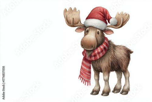 christmas moose with santa hat and scarf, cute watercolor clipart on a white background, with defined edges 