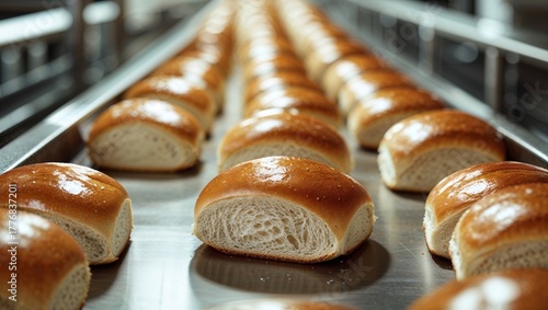 Freshly baked bread rolls on a production line in a commercial bakery