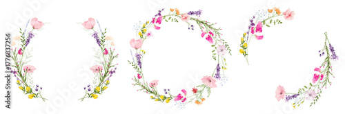 Watercolor floral round wreath frame set. Diverse meadow pink poppies, violet lavender, yellow flowers, green branches. Hand drawn style illustration. Artistic template design.
