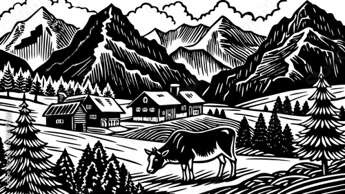 Very beautiful captivating view of lush Alpine green fields and charming traditional wooden houses near Werfen am Tennengebirge, Austria, with a peaceful cow grazing under a bright blue sky.