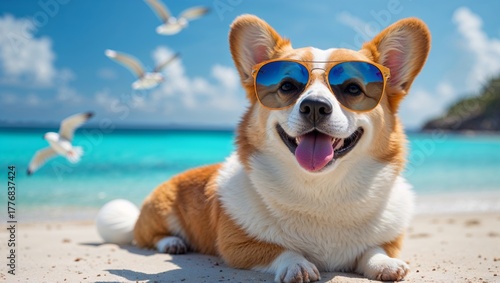 Happy corgi dog wearing sunglasses relaxing on a sunny beach vacation