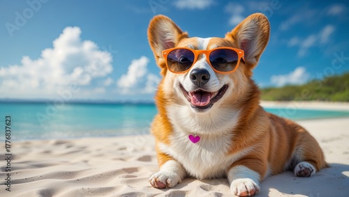 Happy corgi dog wearing sunglasses relaxing on a sunny beach vacation