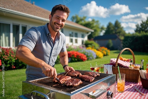 Man grilling burgers on a barbecue in his backyard on a sunny summer day