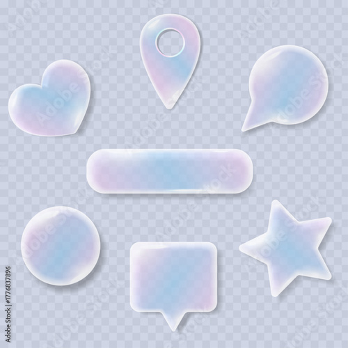 Glassmorphism pastel shapes with transparent frosted glass and smooth 3D blur effect. Modern abstract vector elements for UI, web, and futuristic digital design in minimal soft style.