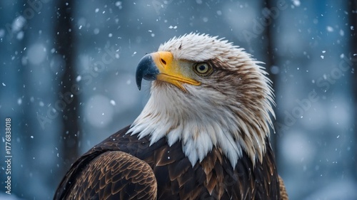Majestic bald eagle portrait in a snowy winter environment