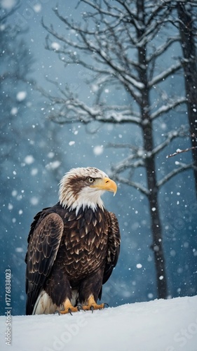 Majestic bald eagle perched in the snow during a winter snowfall