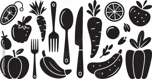 Black silhouette collection of fruits vegetables and cutlery on white background apple banana
