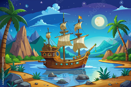 A magnificent pirate ship anchored in an enchanted tropical cove under a starry night sky, sparkling moonlit water, a fantasy adventure picture, and a mysterious ocean landscape.