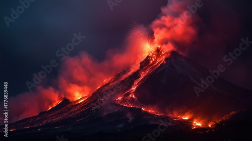 Erupting volcano with red lava flow at night sky
