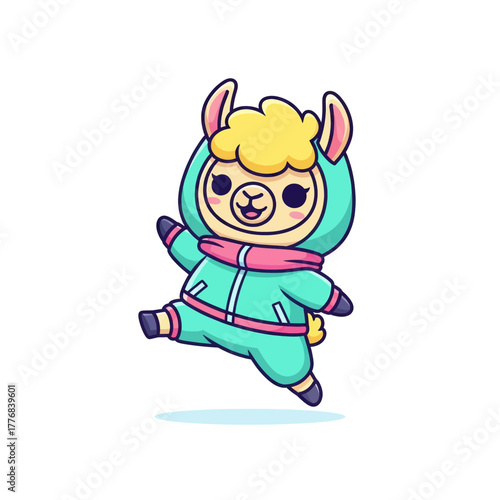 Cartoon llama wearing a teal jumpsuit with pink trim, jumping and waving.