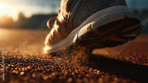 Close-up of running shoe on track during sunset workout