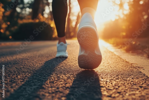 Close up of athletic shoes walking on a paved road during a sunny day with warm light.