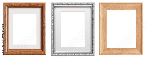 Three empty picture frames in various colors