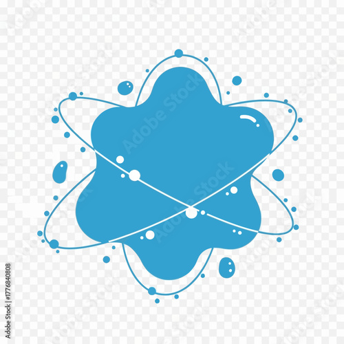 Blue abstract shape with orbiting dots and lines.