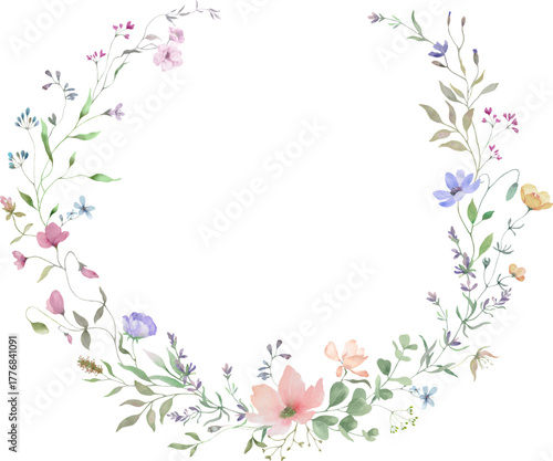 Watercolor floral wreath featuring delicate wildflowers and meadow blossoms.
 Ideal for wedding invitations, greeting cards, packaging, posters.  Hand-painted illustration. Vector EPS.