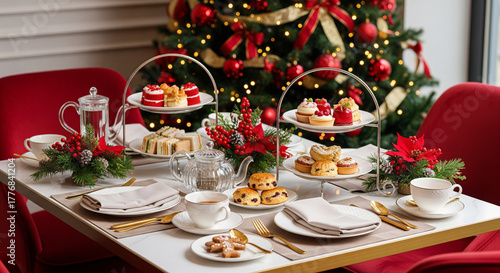 Elegant Red Christmas Afternoon Tea Setting, Modern White Gold&Beige Interior with Holiday Desserts, Christmas Tree, High-End Food Photo for Hospitality Branding, Menu Design, Lifestyle Editorials