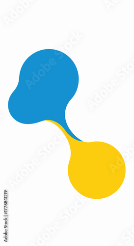 Two abstract organic shapes, one blue and one yellow, connected by a thin line.