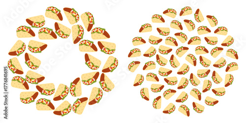 Taco with Greens Meat Salsa Sauce and Vegetables Round Frame Border and Circle Backdrop Mexican Fast food Template Minimalistic Design. Isolated Vector illustration Mexican Related Content Menu Cards