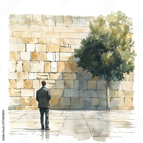 Wailing Wall, watercolor painting vector, isolated on a white background.