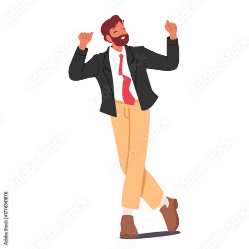 Happy joyful businessman cartoon character dancing with raised hands rejoicing and celebrating