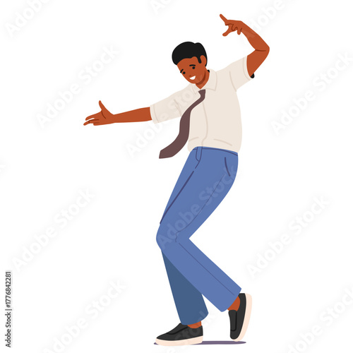 Positive businessman cartoon character experiencing expressive dance isolated on white background