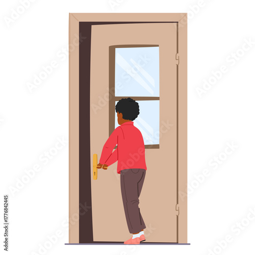 Little boy child cartoon character closing opened door standing backside isolated on white