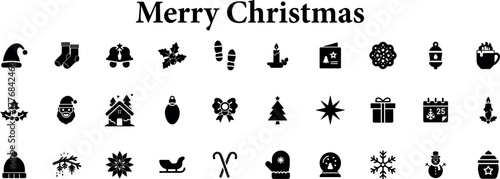 Collection of merry Christmas icons and symbols, including Santa hat, socks, bells, holly, mittens, candle, card, snowflake, gift, calendar, snowman, and sleigh, isolated on transparent background 