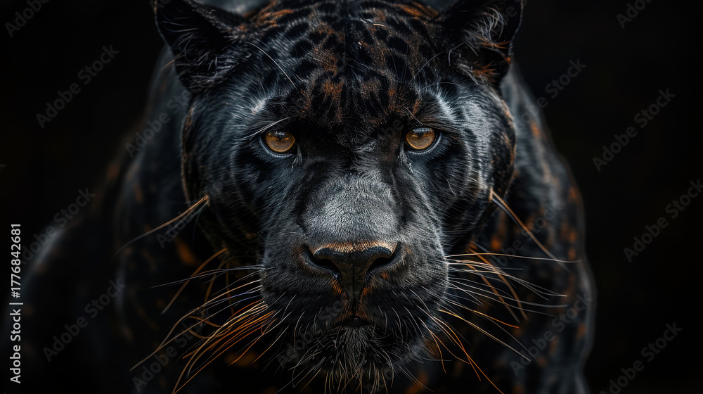 Obraz premium A photorealistic hybrid of a black panther and Bullmastiff, with massive muscles, sleek dark fur, and prominent fangs, blending feline agility with canine power.