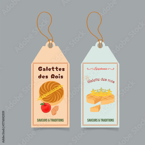 Elegant French bakery label with Galette des Rois, crown, apple, and almond on pastel tags. For Epiphany packaging, product branding, festive bakery, and pastry promotion design.