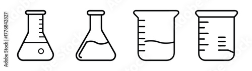 Science lab equipment vector: beaker, flask, test tube, laboratory glassware outline drawing illustration