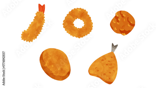 えびフライ・イカリング・唐揚げ・ポテトコロッケ・アジフライ　水彩風手描きベクターイラスト