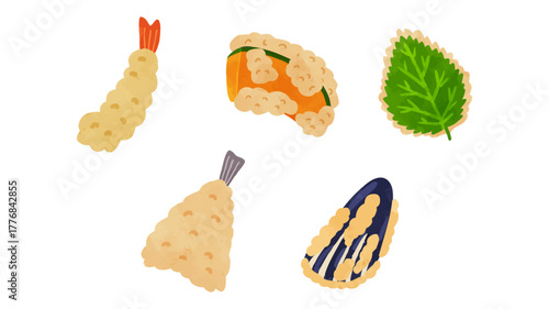 海老天ぷら・かぼちゃ天ぷら・大葉天ぷら・きす天ぷら・なす天ぷら　水彩風手描きベクターイラスト