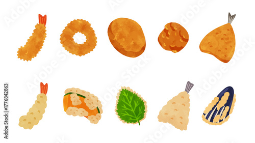 フライと天ぷらのセット　水彩風手描きベクターイラスト