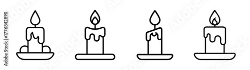 Candle light vector illustration set, burning candles with wax drips, line art drawing design element, isolated
