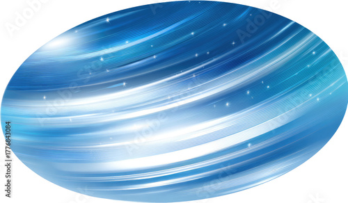 Oval-shaped, stylized celestial body; swirling, light-blue lines radiate from a central point, white highlights and sparkles accentuate the design