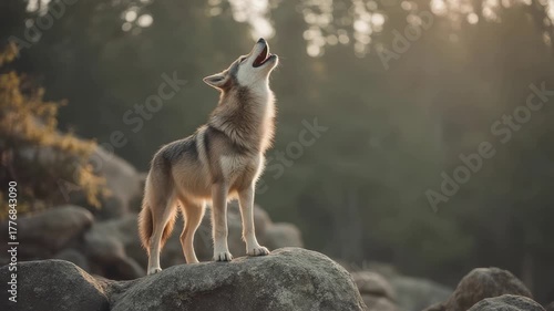 A wolf stands tall on a rocky perch, raising its head to the heavens in a soul-stirring howl, a testament to the untamed wilderness.