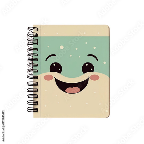 Adorable notebook with a smiling face and green pen, kawaii style stationery, isolated on white background