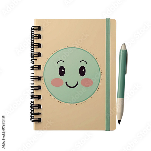 Adorable notebook with a smiling face and green pen, kawaii style stationery, isolated on white background.