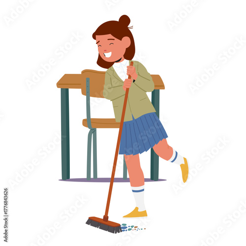 Happy smiling schoolgirl sweeping school classroom floor with positive attitude toward chores