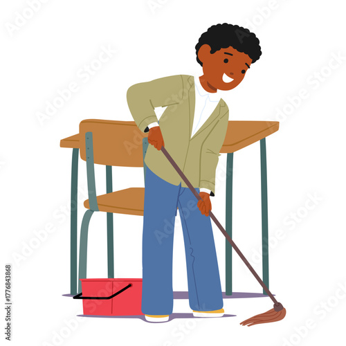 Cute schoolboy cartoon character actively washing school classroom floor standing nearby desk
