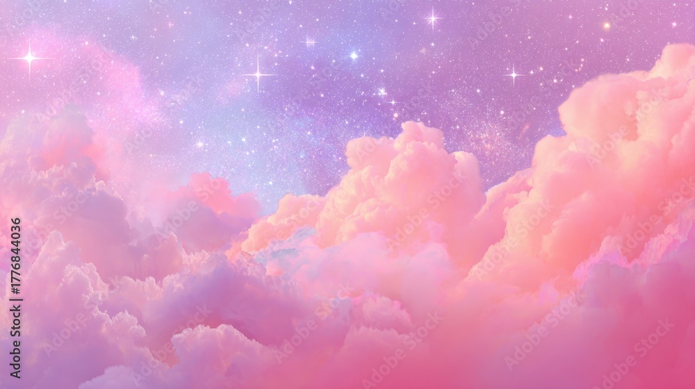 Fototapeta premium Soft pink and purple clouds fill the sky twinkling stars peek through the twilight creating a magical scene.