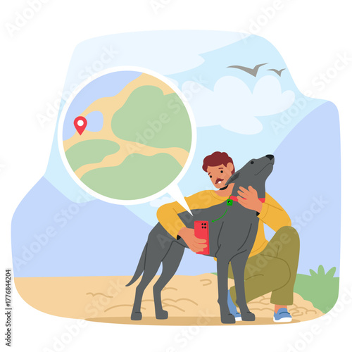Man pet owner using gps collar connected to smartphone for dog control and tracking cartoon scene